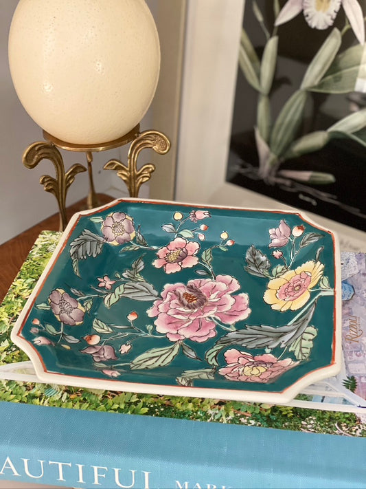 Vintage Chinoiserie Turquoise Tray with Floral Motifs