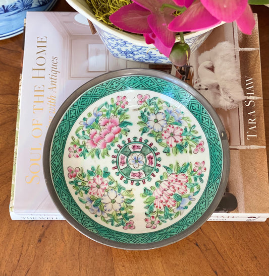 Beautiful Vintage Japanese Porcelain Ware Pewter Encased Floral Bowl